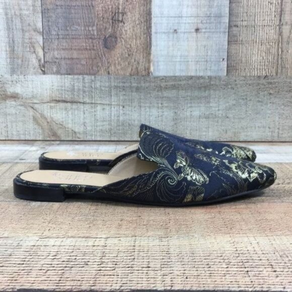 Franco Sarto Black Gold Baroque Russo Mules Womens 6M‎ Pointed Toe Flats Slides - Picture 1 of 12